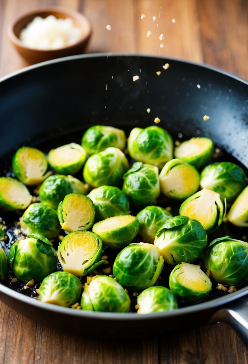 Fresh Brussels sprouts sizzling in a skillet with minced garlic and olive oil, emitting a savory aroma