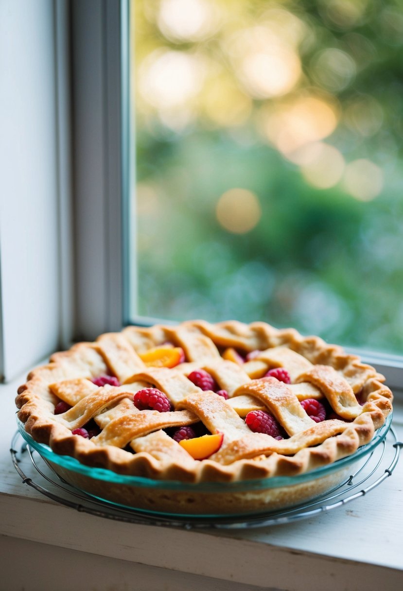 A rustic pie cooling on a windowsill, with a lattice crust and a golden brown filling of peach and raspberry