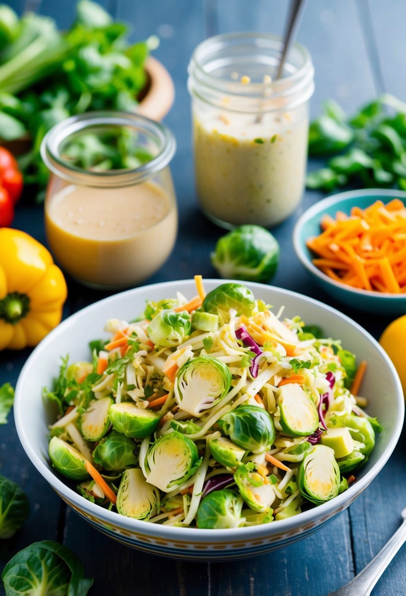 A colorful bowl of shredded Brussels sprouts mixed with slaw ingredients, surrounded by fresh vegetables and a jar of dressing