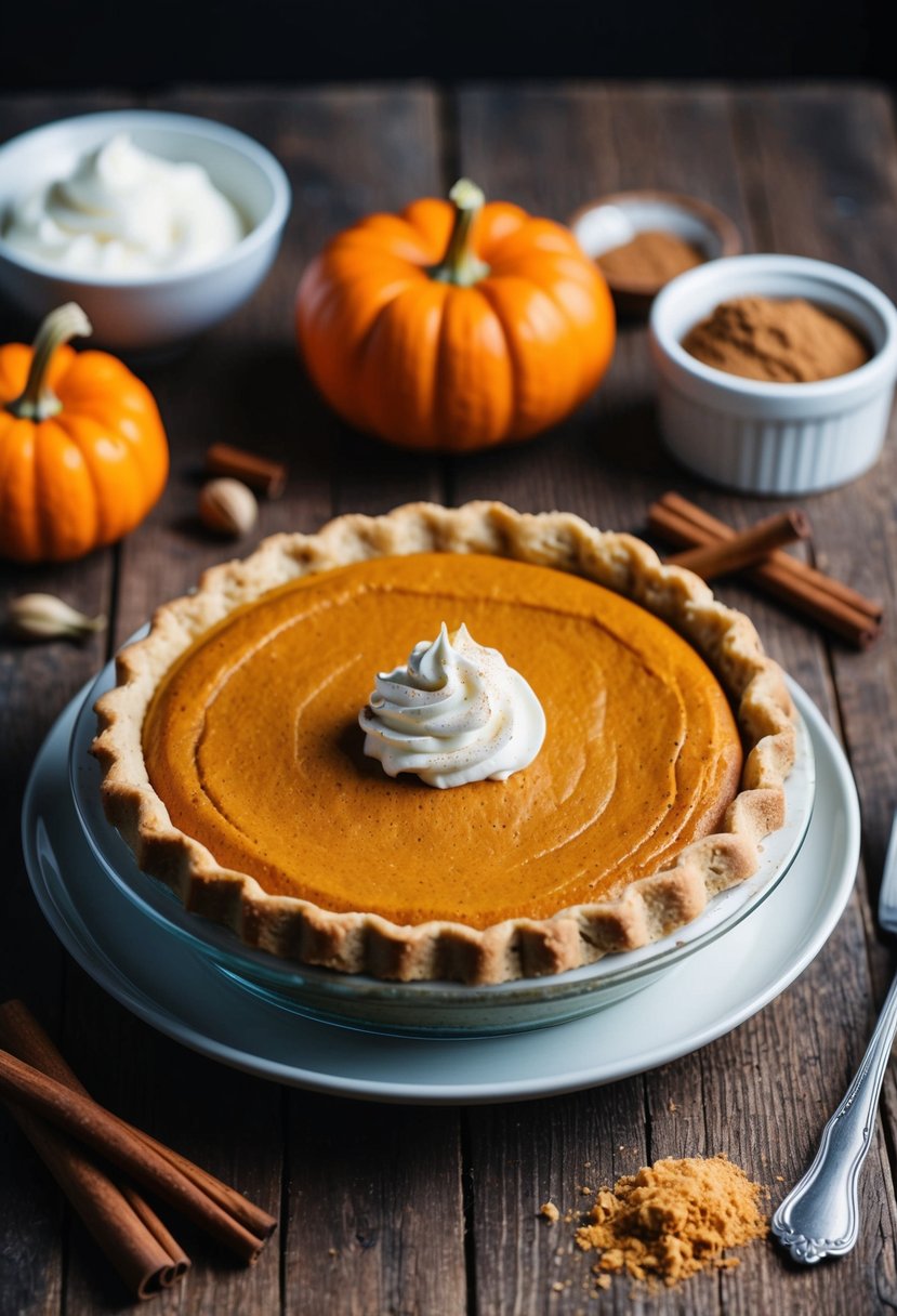 A pumpkin spice cream pie sits on a rustic wooden table, surrounded by ingredients like cinnamon, nutmeg, and whipped cream