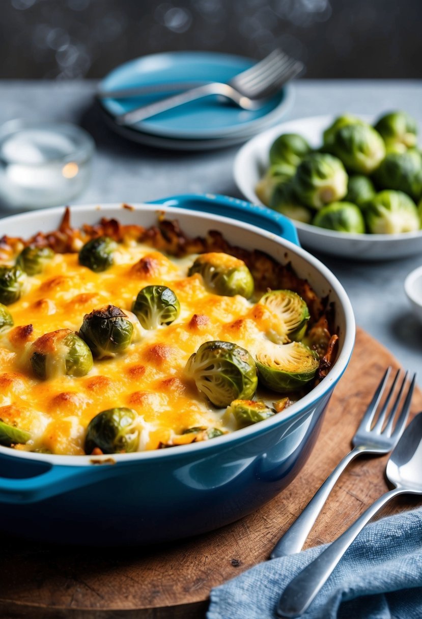 A bubbling casserole dish filled with cheesy Brussels sprouts, topped with a golden-brown crust