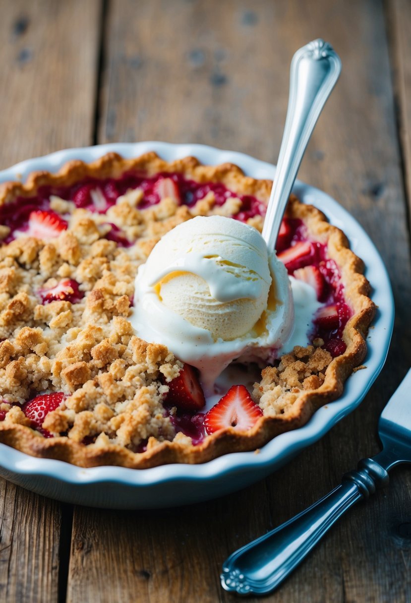 A freshly baked strawberry rhubarb crumble pie sits on a rustic wooden table, with a scoop of vanilla ice cream melting on top