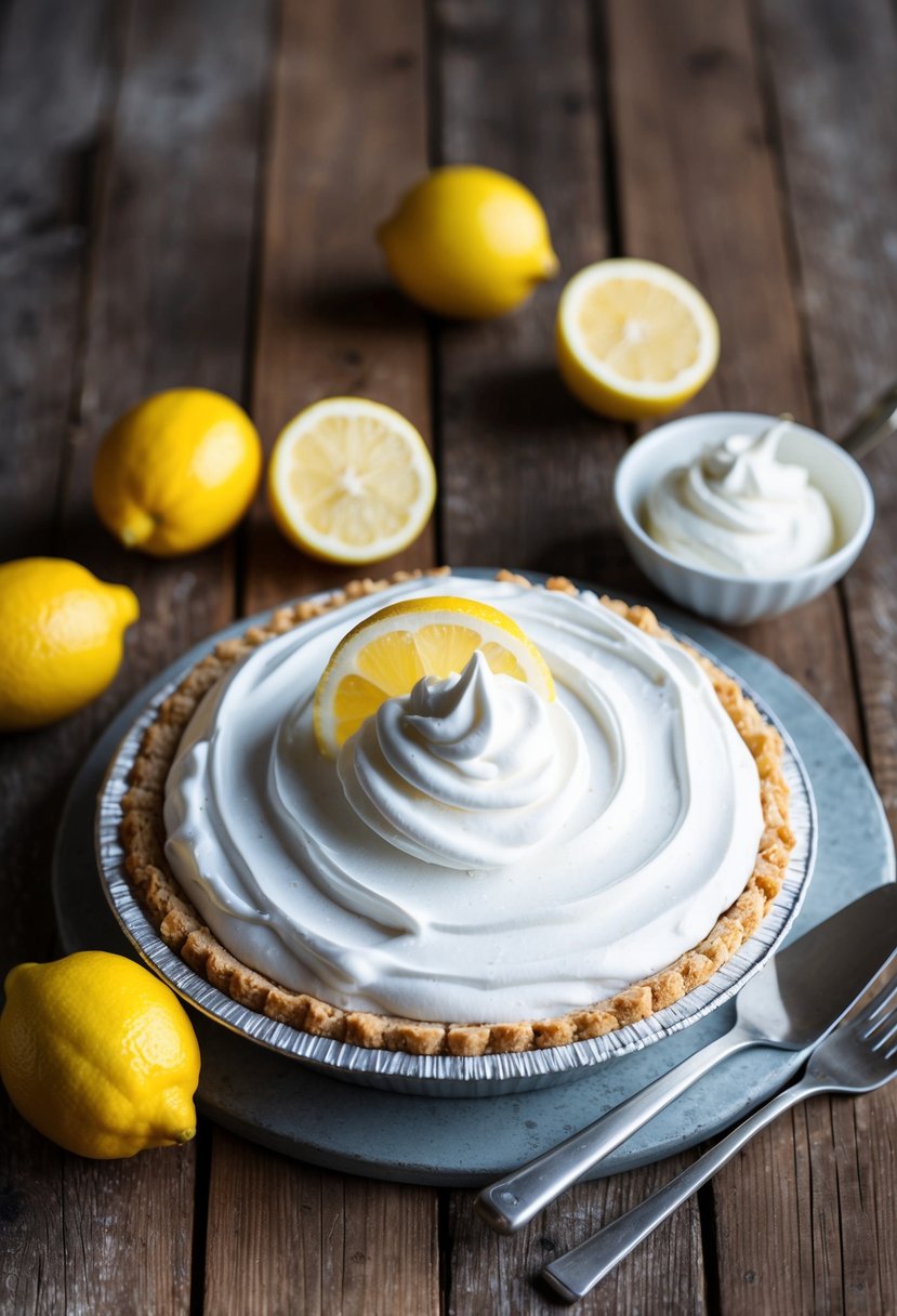 A lemon meringue frozen pie sits on a rustic wooden table, surrounded by fresh lemons and a dollop of whipped cream