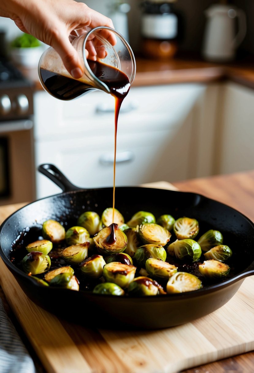 Brussels sprouts drizzled with balsamic glaze, roasting in a cast iron skillet in a warm, cozy kitchen