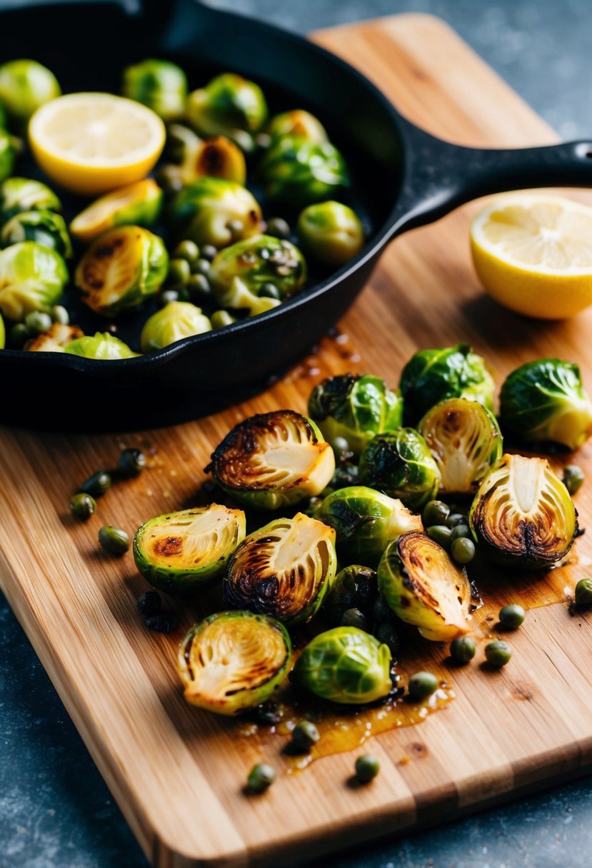 A sizzling skillet of roasted Brussels sprouts with lemon slices and capers on a wooden cutting board