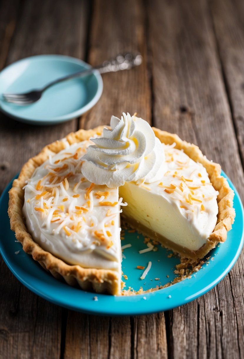 A coconut cream pie sits on a rustic wooden table, adorned with a dollop of whipped cream and shredded coconut. A slice has been removed, revealing the creamy filling