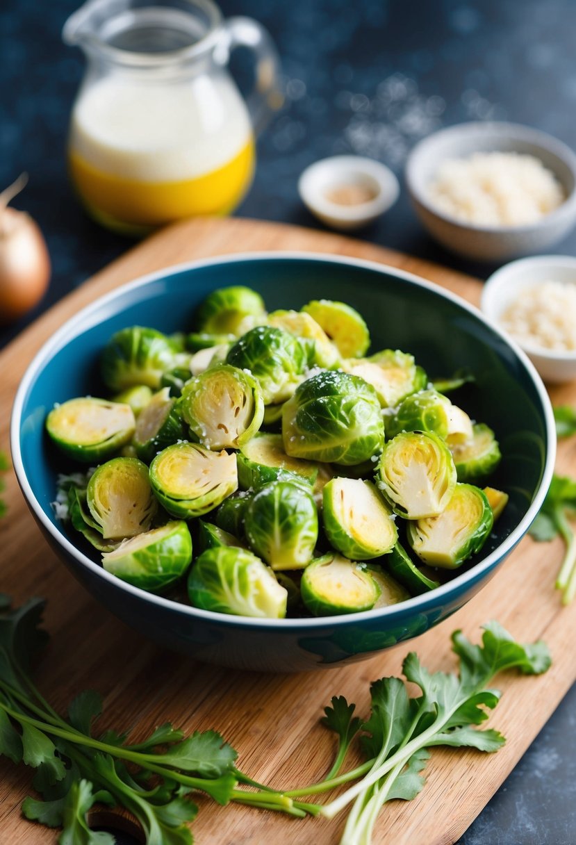 A bowl of Keto Brussels Sprouts Caesar Salad with ingredients surrounding it on a wooden cutting board