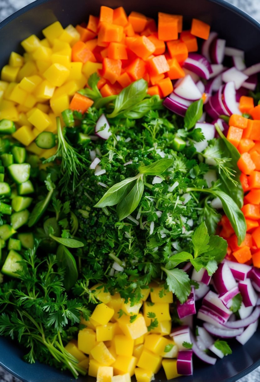 A colorful array of diced vegetables and herbs, arranged in a vibrant and appetizing salad