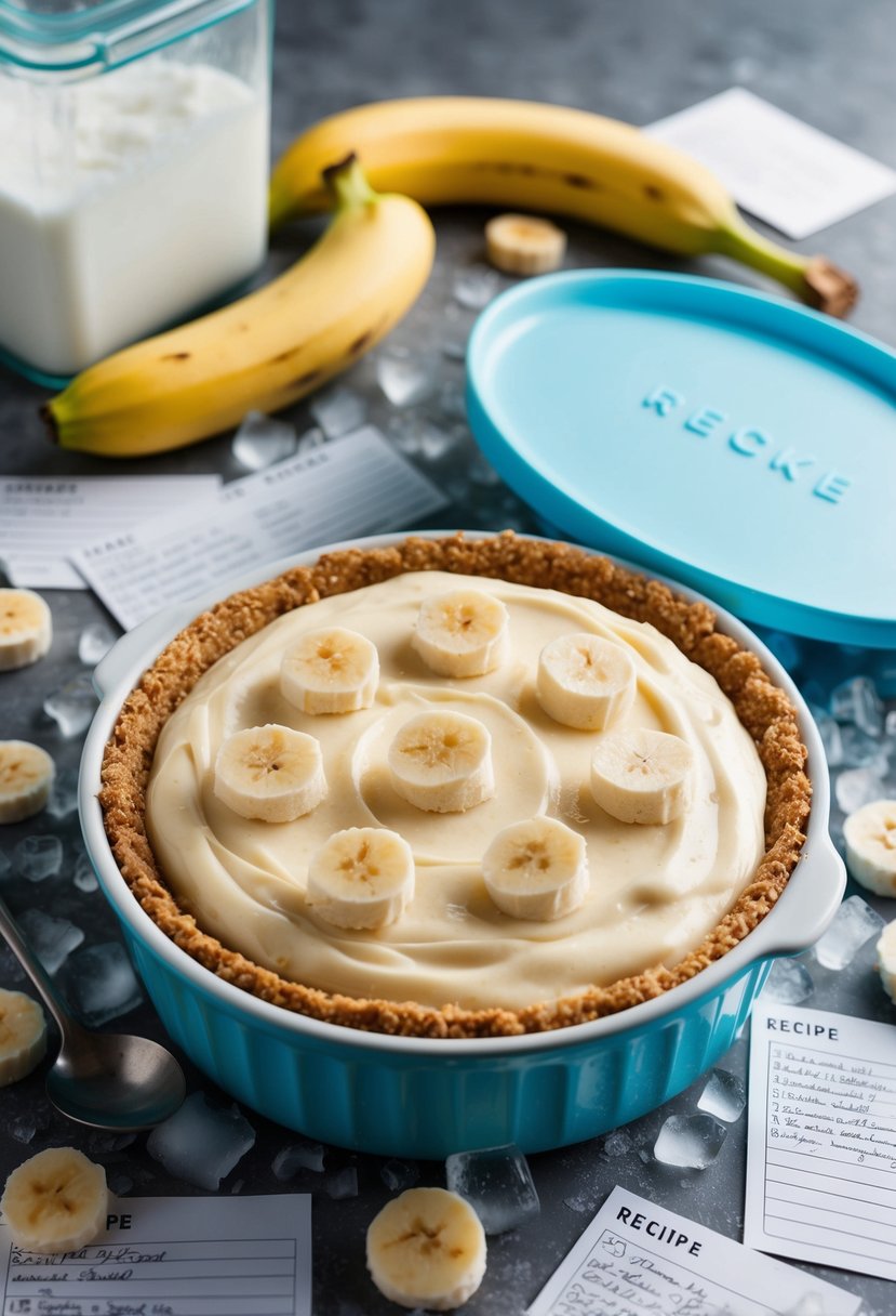 A creamy banana pudding pie sits in a frozen icebox, surrounded by scattered recipe cards and dessert ingredients