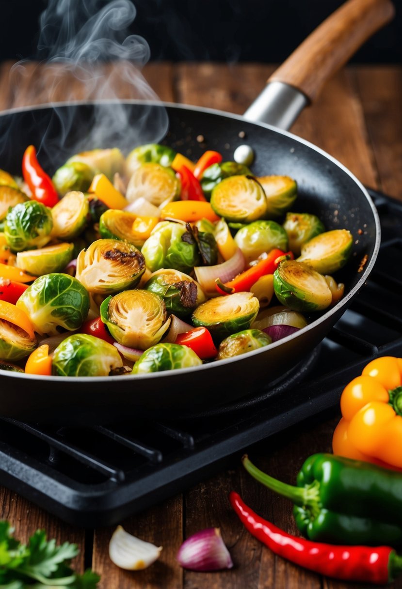 A sizzling skillet of stir-fried Brussels sprouts with colorful bell peppers, onions, and chili peppers. Steam rises from the spicy, aromatic dish