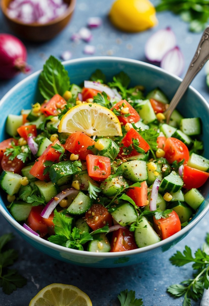 A vibrant bowl of kachumber salad with diced tomatoes, cucumbers, onions, and fresh herbs, drizzled with tangy lemon juice and sprinkled with aromatic spices