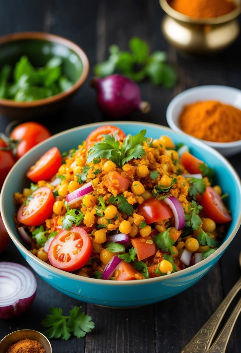 A vibrant bowl of spicy tomato and onion kachumber salad with fresh ingredients and traditional Indian spices