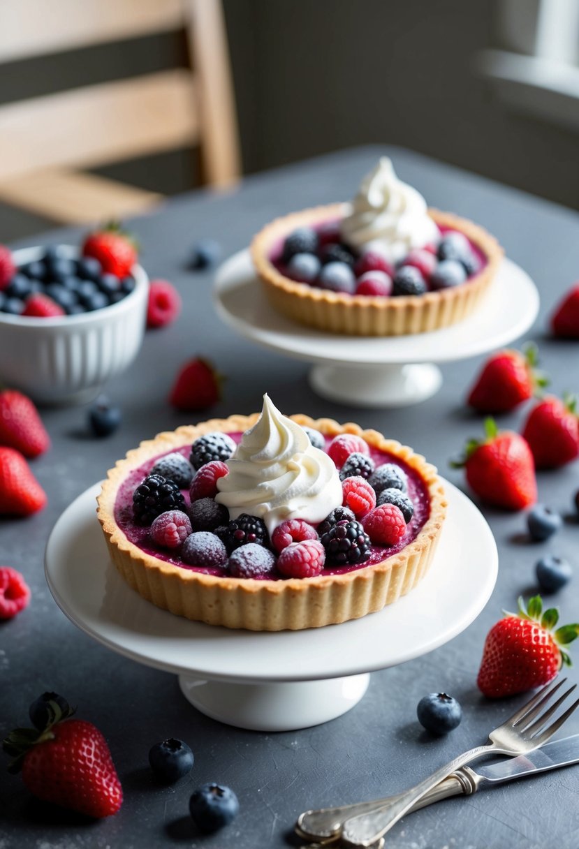 A table set with a mixed berry frozen tart surrounded by fresh berries and a dollop of whipped cream