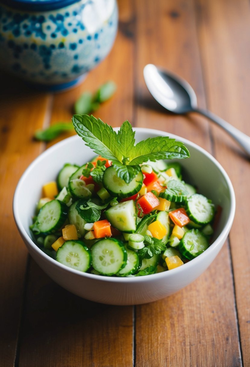 A bowl of cucumber mint kachumber salad, with colorful ingredients and a garnish of fresh mint leaves, sits on a wooden table