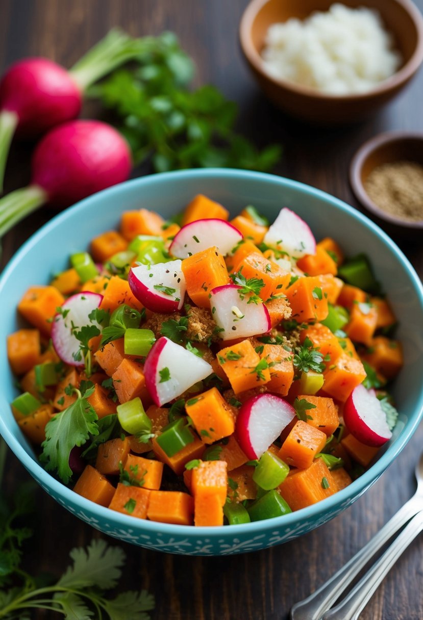 A colorful bowl of diced carrots and radishes mixed with spices and herbs, ready to be served as a refreshing Indian kachumber salad