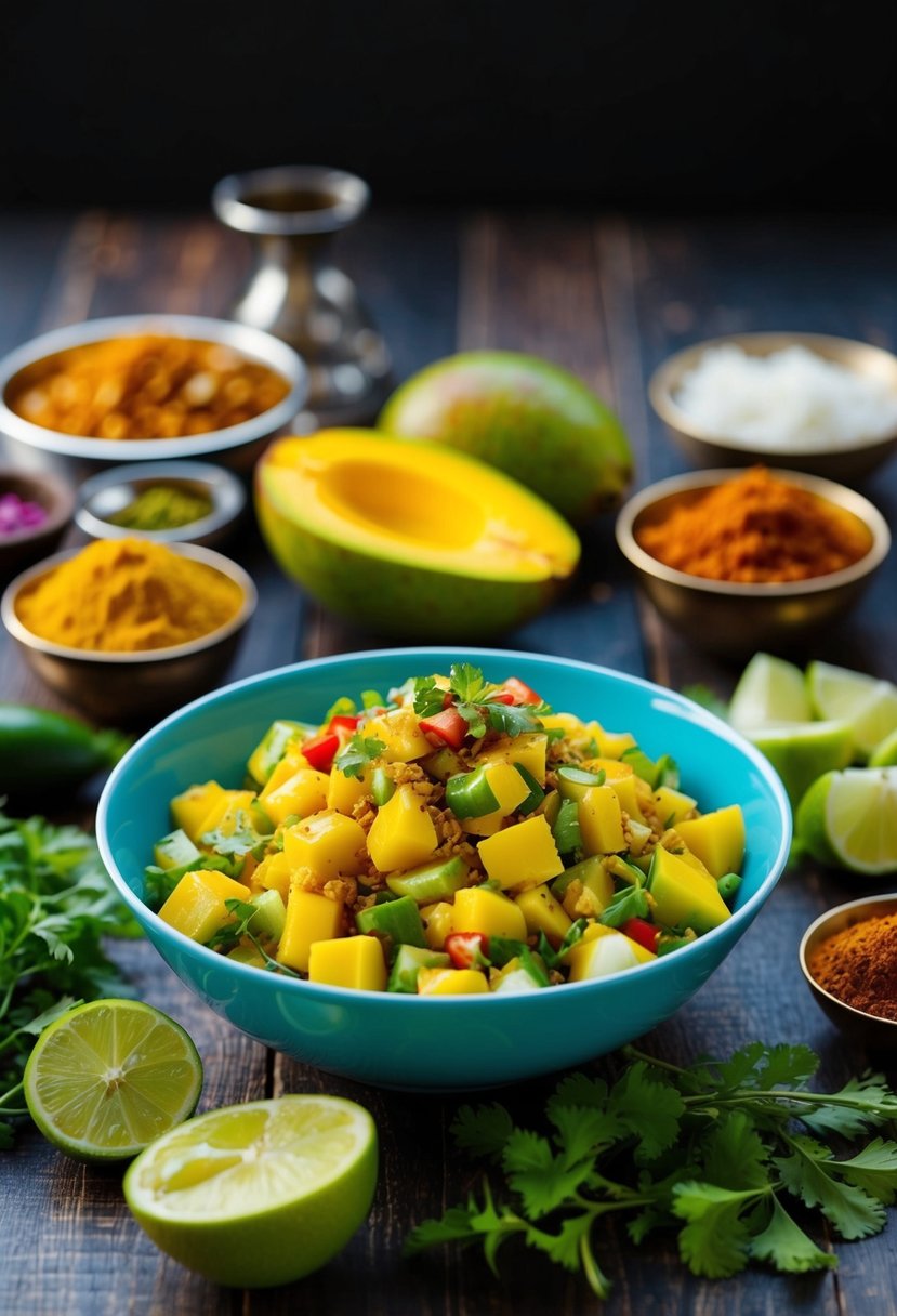 A vibrant bowl of Mango Kachumber Delight salad surrounded by fresh ingredients and traditional Indian spices