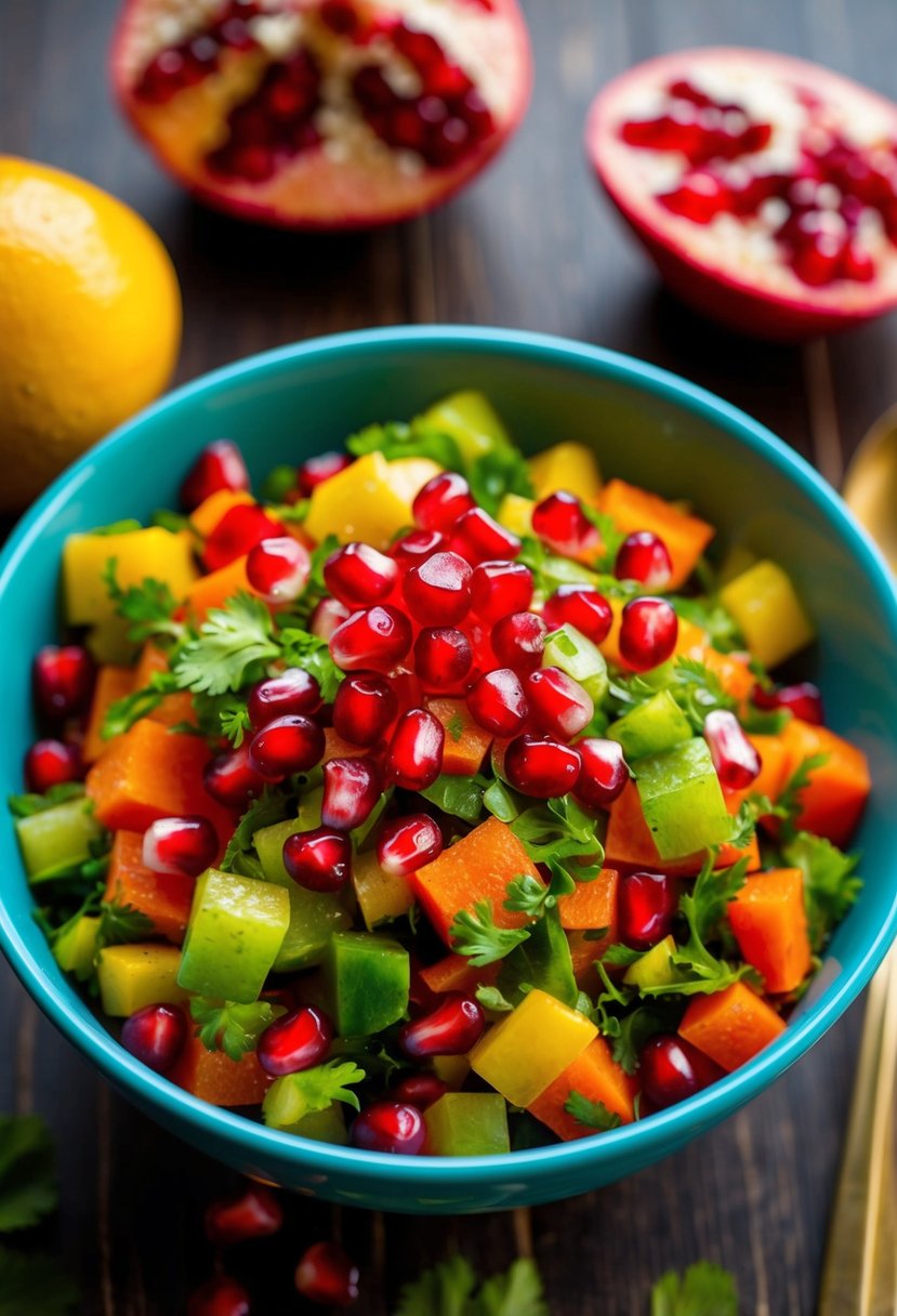 A vibrant bowl of pomegranate kachumber salad, with colorful diced vegetables and juicy pomegranate seeds, mixed together in a tantalizing Indian recipe