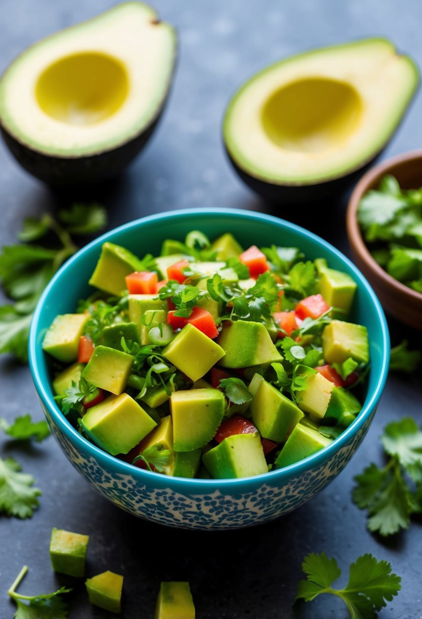 A vibrant bowl of diced avocados and kachumber salad, ready to be used as a topping for Indian recipes