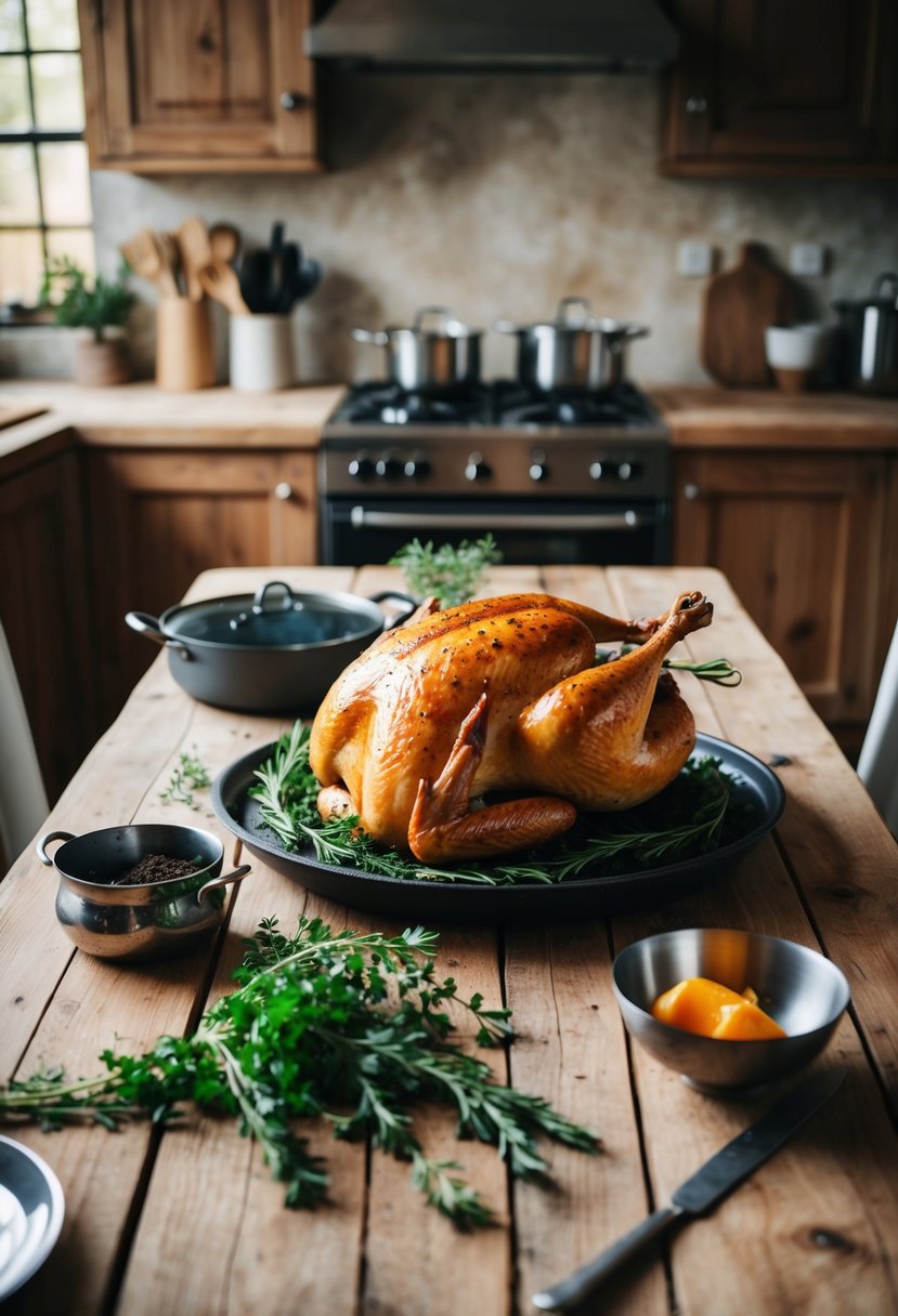 A rustic kitchen with a wooden table set for a meal, featuring a roasted chicken, fresh herbs, and vintage cookware