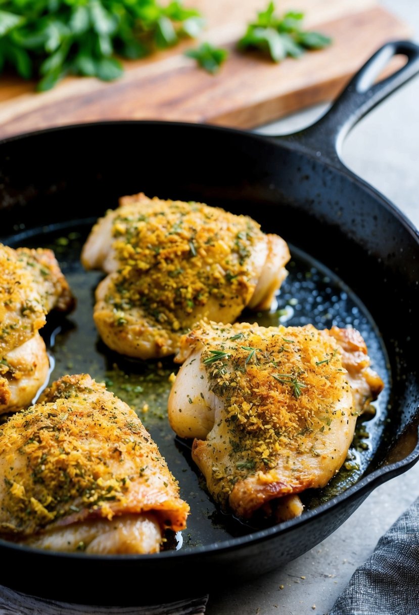 Golden-brown chicken thighs coated in a fragrant herb crust, sizzling in a cast iron skillet