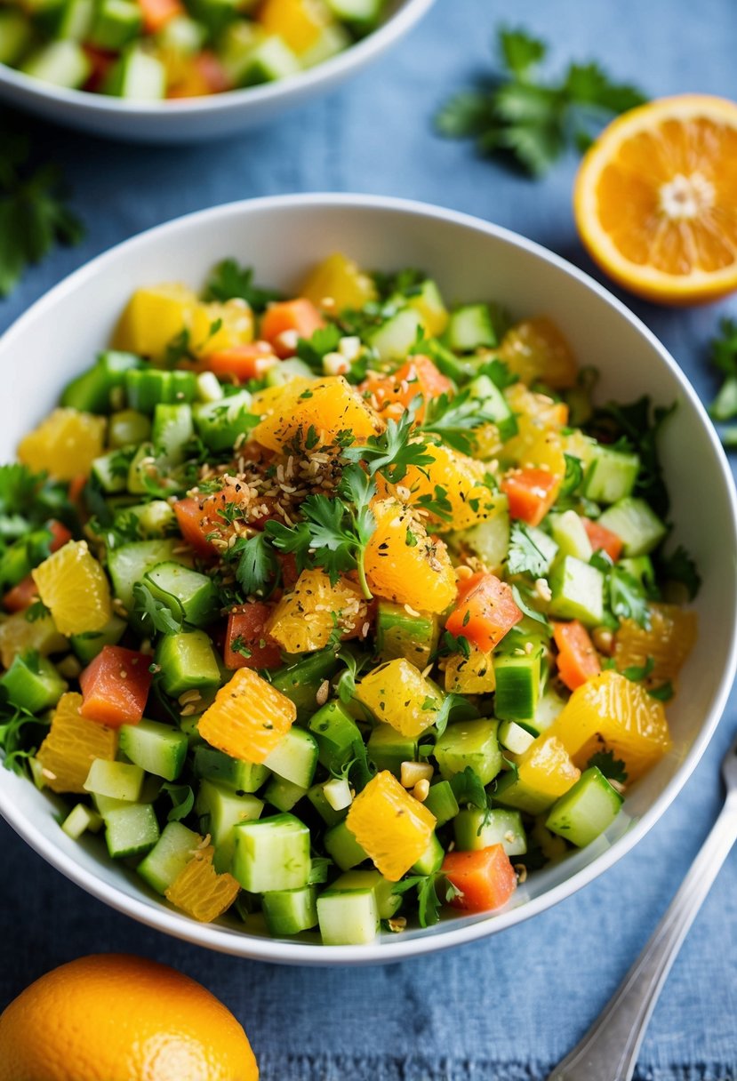 A vibrant bowl of Citrus Kachumber Twist salad with fresh diced vegetables and citrus fruits, garnished with herbs and spices