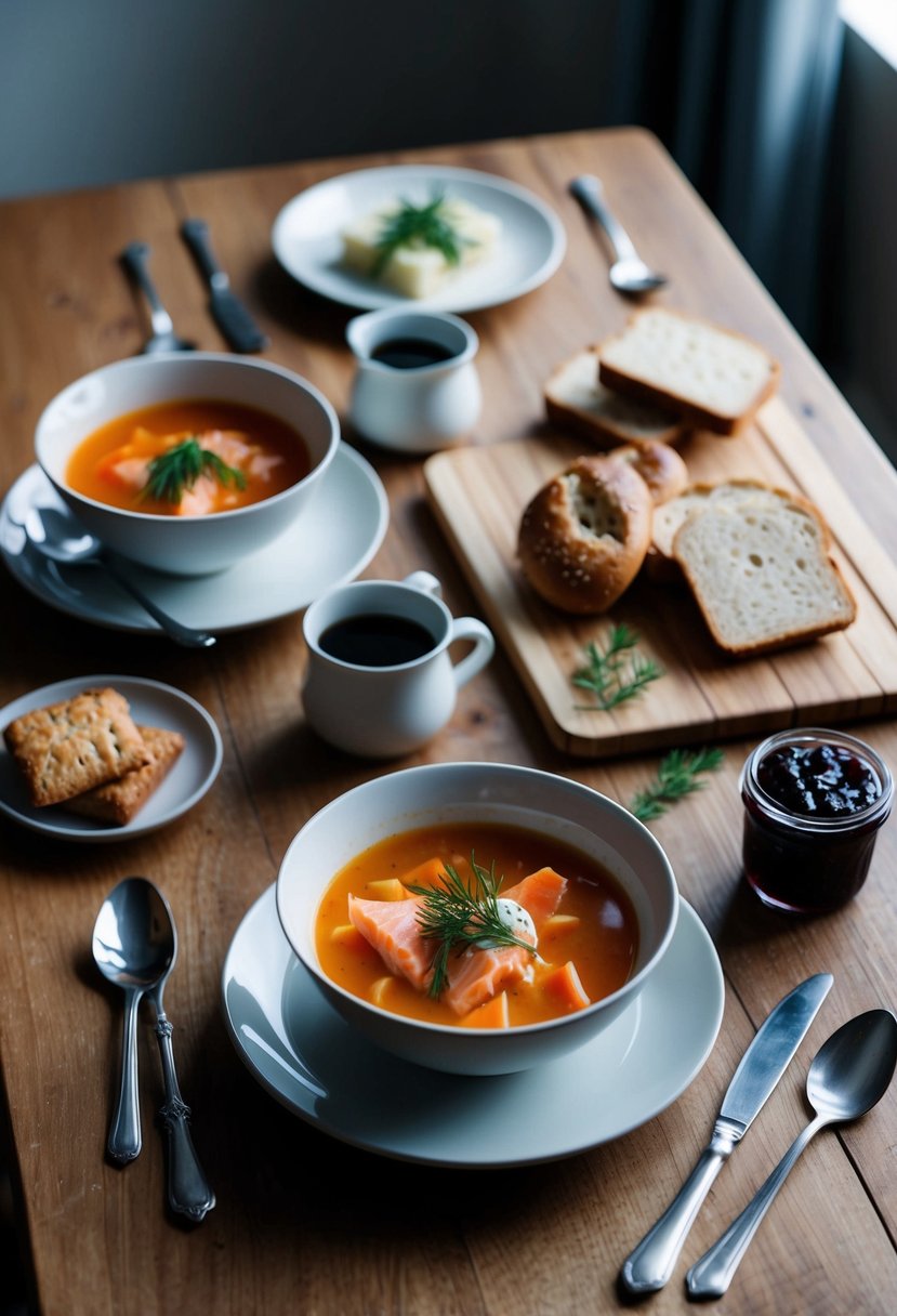 A table set with traditional Finnish dishes: salmon soup, Karelian pastries, rye bread, and lingonberry jam