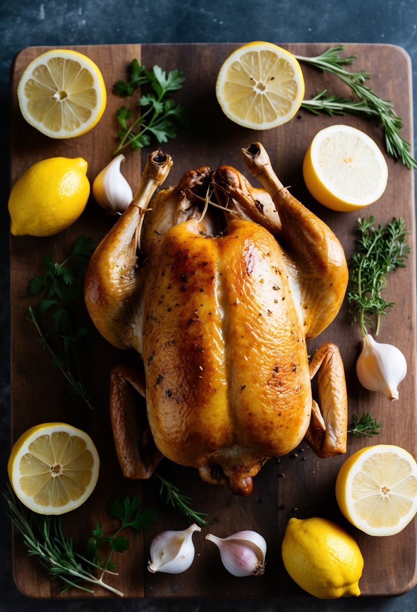 A whole roast chicken surrounded by halved lemons, garlic cloves, and fresh herbs on a rustic wooden cutting board