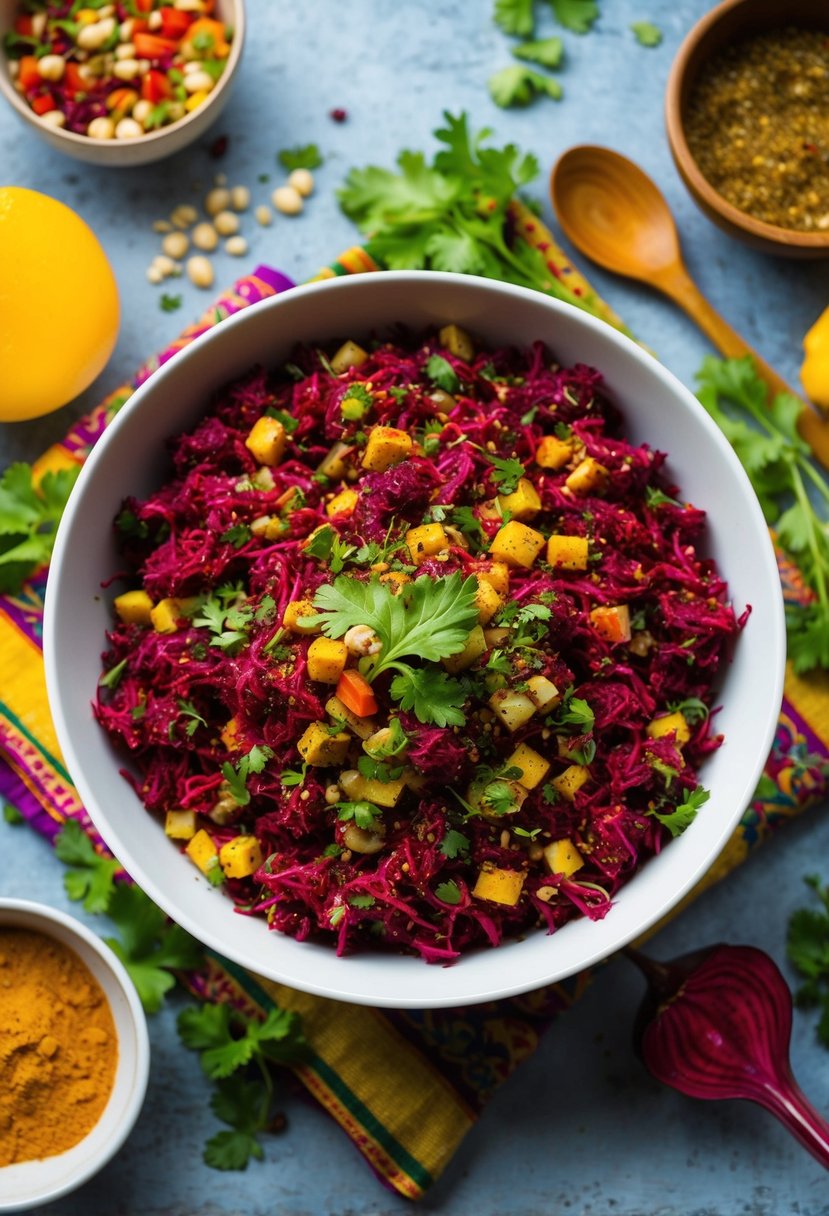 A vibrant bowl of beetroot kachumber salad surrounded by colorful ingredients and spices, with a crunchy texture and Indian flair