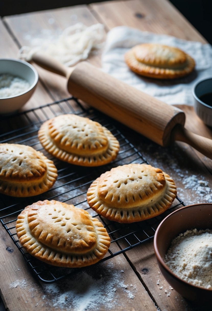 A rustic kitchen table with freshly baked Karelian pasties, a rolling pin, and a bowl of rye flour