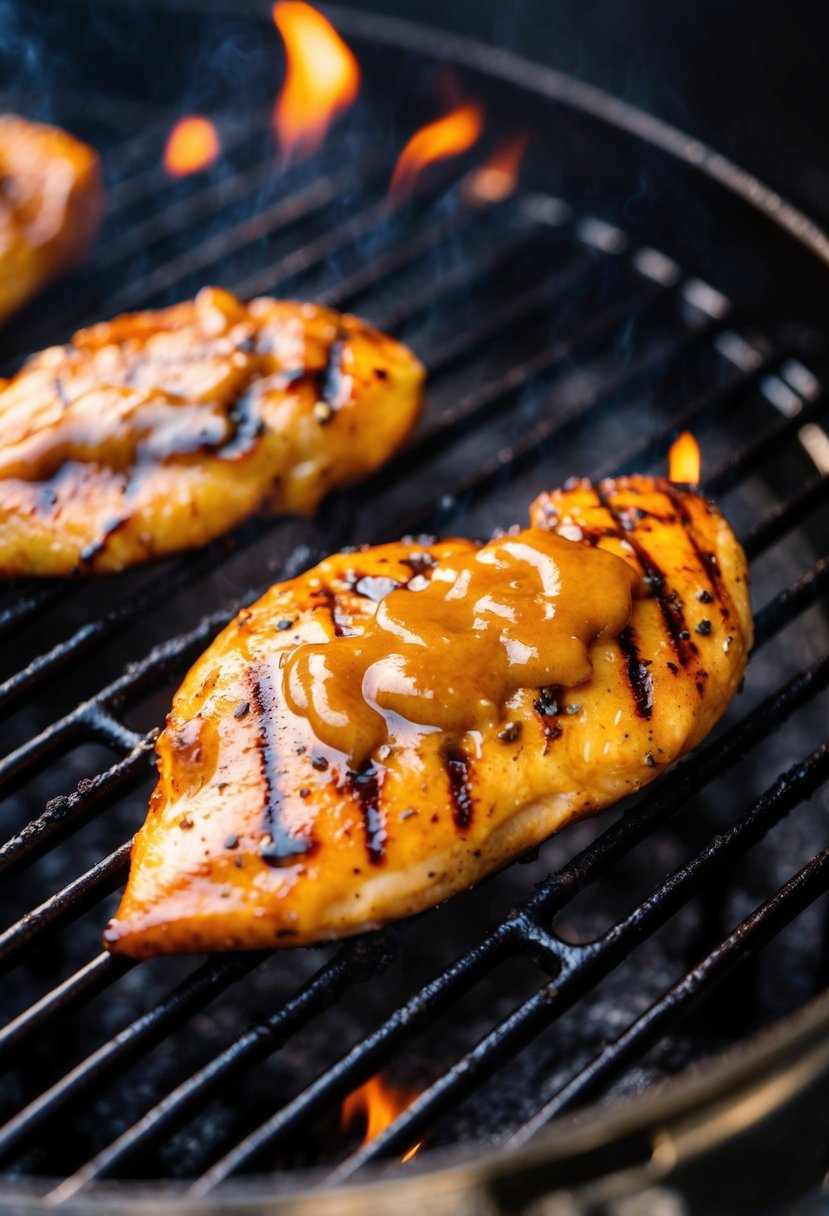 A sizzling chicken breast grilling on a barbecue, glazed with a rich and golden maple Dijon sauce, surrounded by charred grill marks