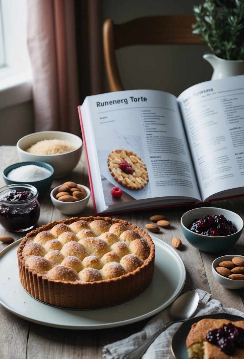 A table set with a freshly baked Runeberg Torte surrounded by ingredients like almonds, raspberry jam, and sugar, with a recipe book open to the page for Finnish desserts