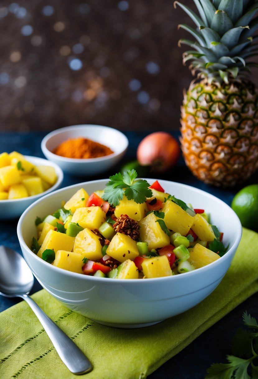 A vibrant bowl of pineapple kachumber salad with colorful Indian spices and fresh ingredients