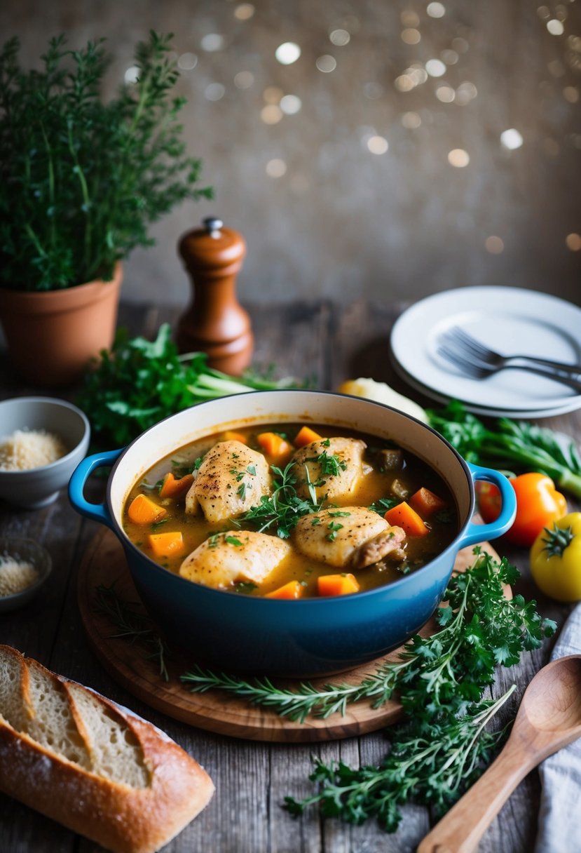 A rustic kitchen scene with a bubbling pot of Tuscan Chicken Stew surrounded by fresh herbs, vegetables, and a loaf of crusty bread