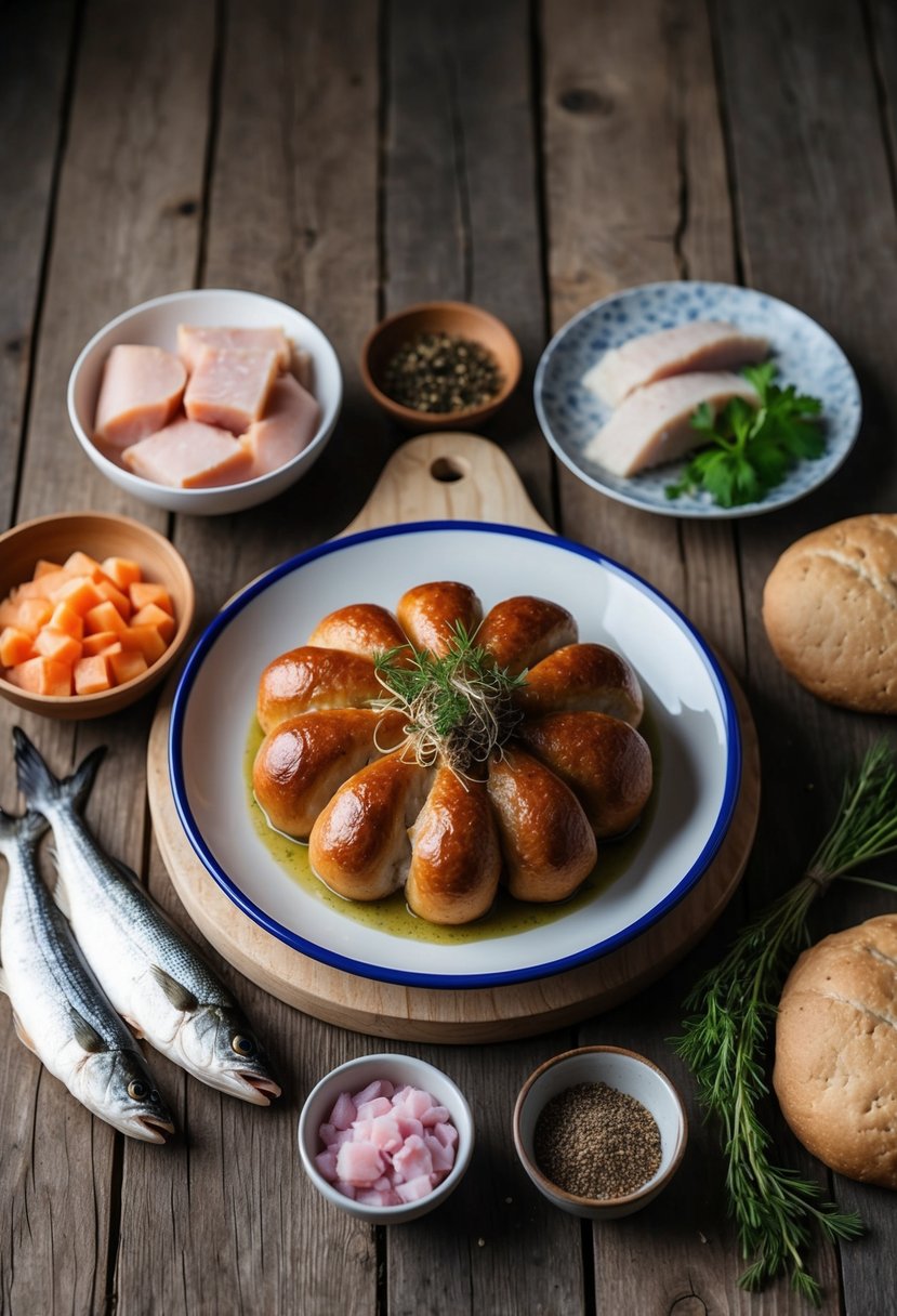 A rustic wooden table topped with a traditional Finnish kalakukko, surrounded by ingredients like fish, pork, and rye dough