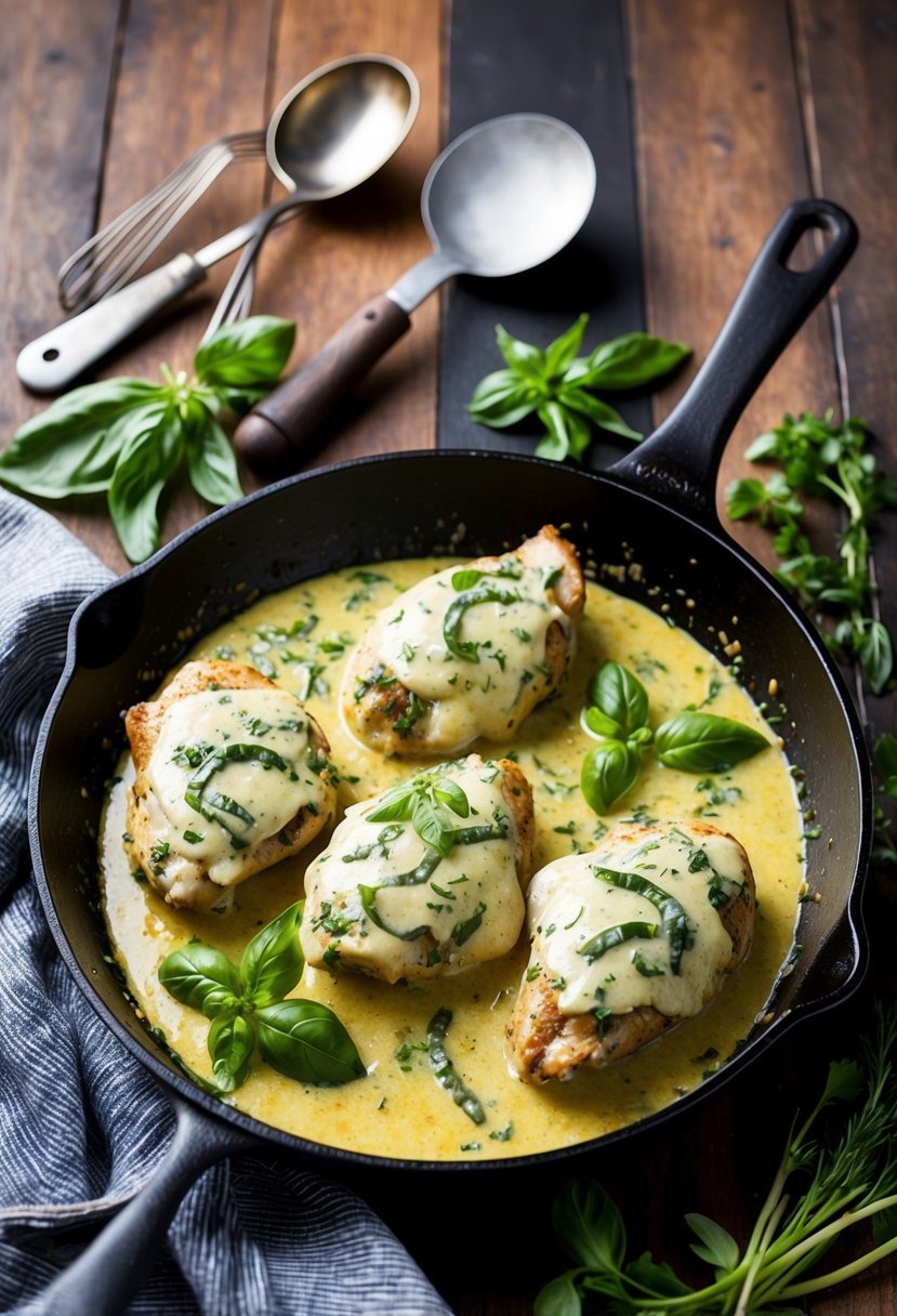 A sizzling skillet holds creamy basil chicken, surrounded by fresh herbs and rustic kitchen utensils