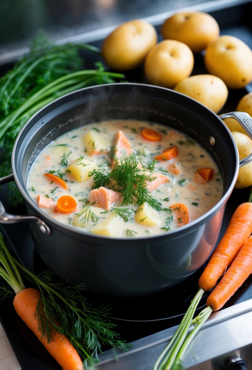 A pot of creamy salmon soup simmering on a stovetop, surrounded by fresh dill, potatoes, and carrots