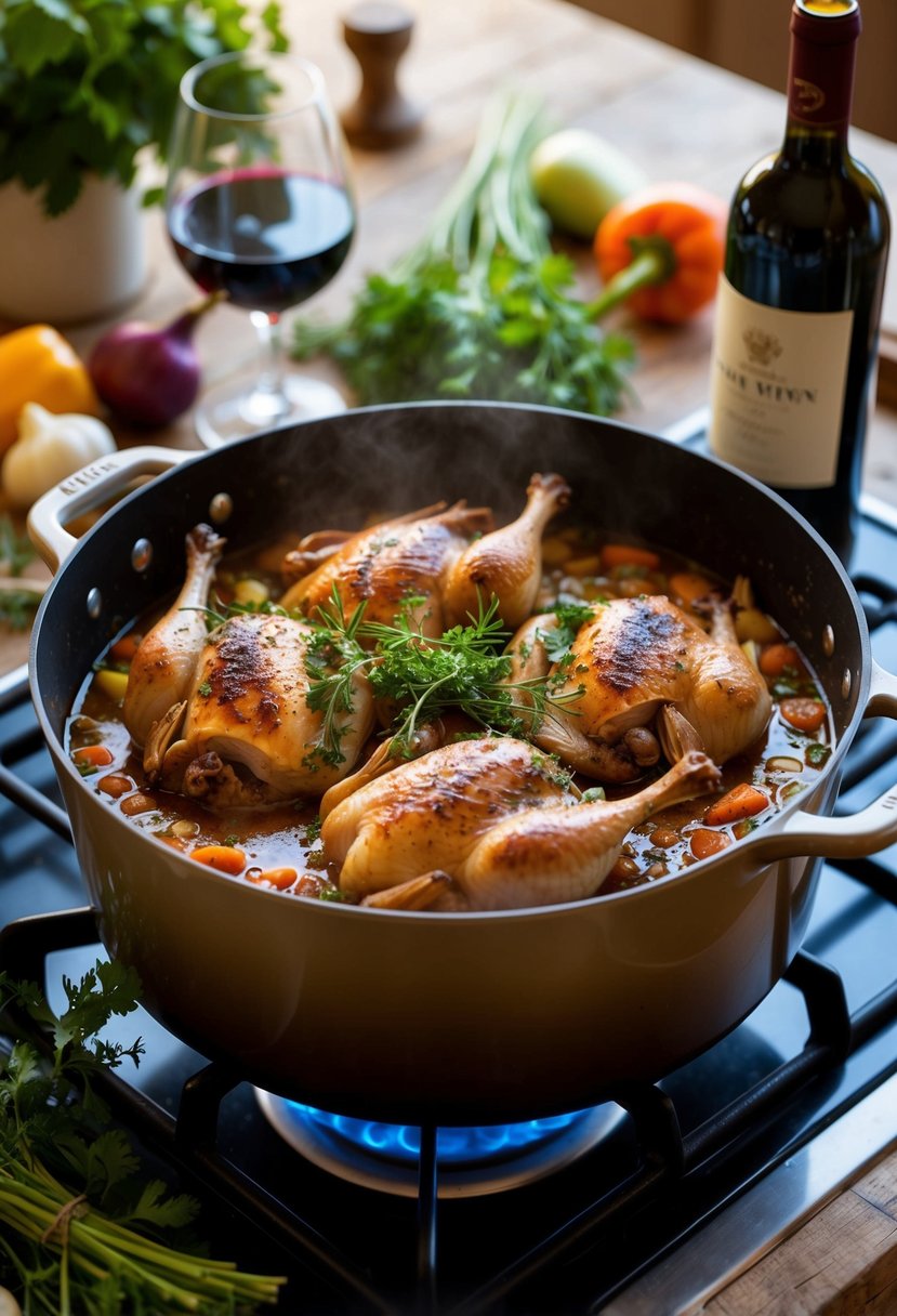 A bubbling pot of Coq au Vin simmers on a rustic stove, surrounded by fresh herbs, vegetables, and a bottle of red wine