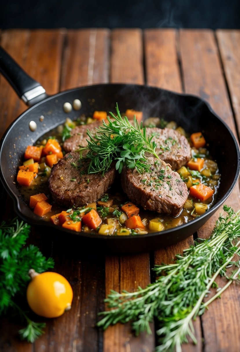 A sizzling skillet of sautéed reindeer meat with herbs and vegetables