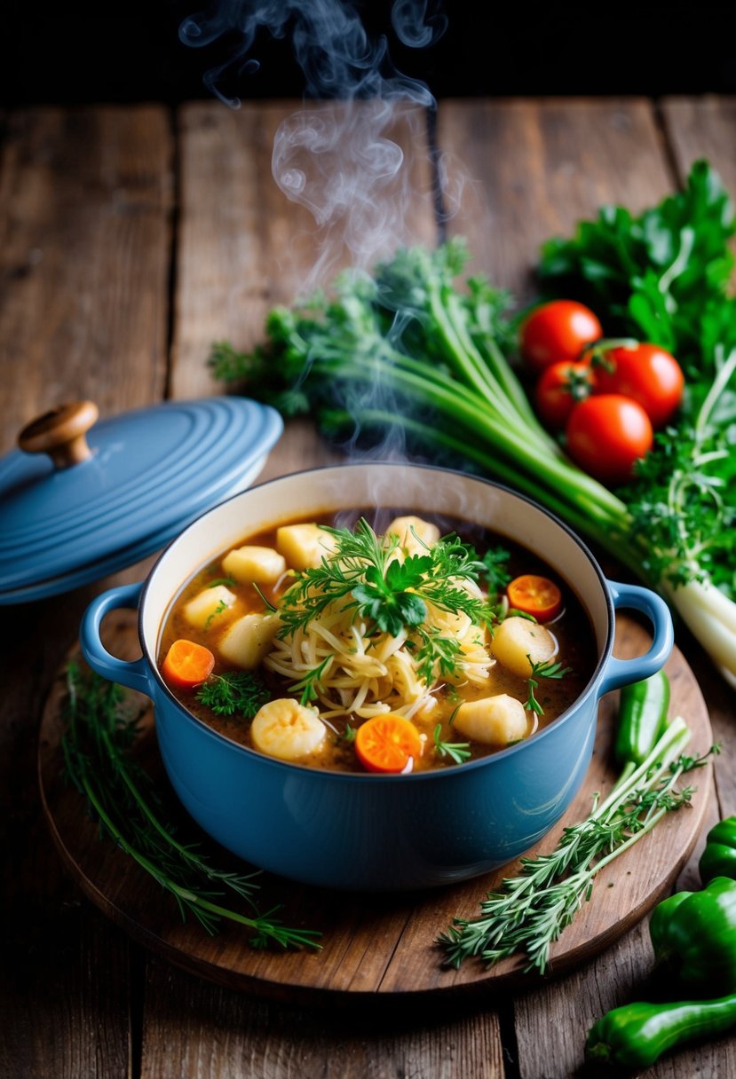 A rustic wooden table set with a steaming pot of Karjalanpaisti, surrounded by fresh vegetables and herbs