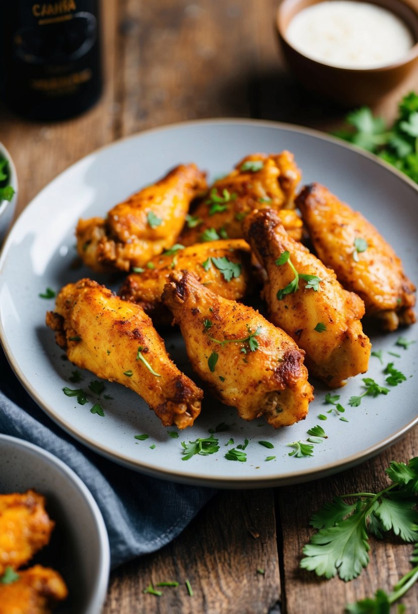 A plate of spicy Cajun chicken wings with rustic seasoning and garnished with fresh herbs