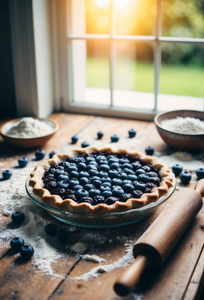 A rustic kitchen table set with a freshly baked blueberry pie, surrounded by scattered flour and a rolling pin. Sunlight streams in through a window, casting warm shadows on the scene