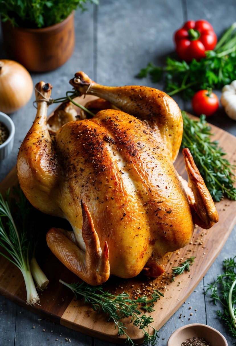 A whole roast chicken sprinkled with smoked paprika, surrounded by rustic herbs and vegetables on a wooden cutting board