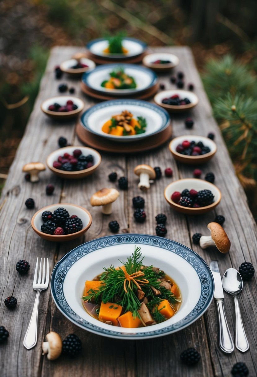 A rustic wooden table with traditional Finnish food dishes, surrounded by foraged berries and mushrooms