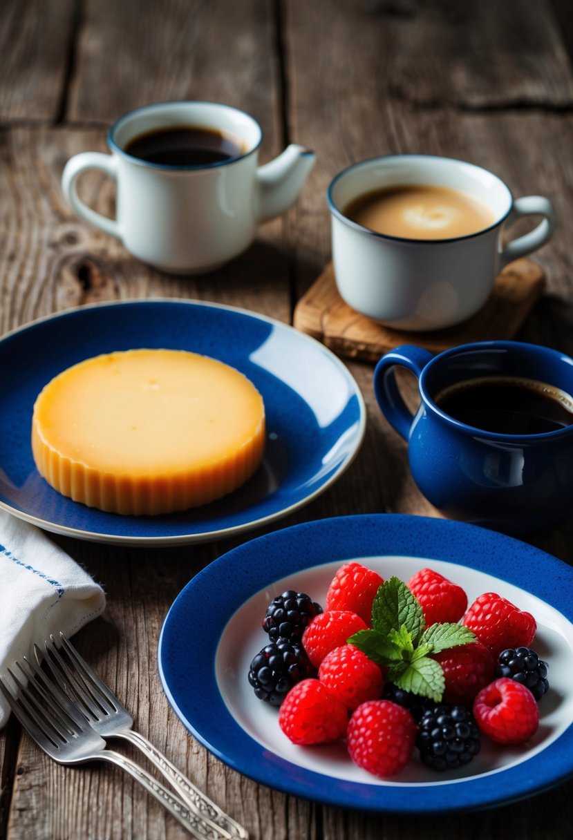 A rustic wooden table set with a traditional Finnish meal, featuring a golden brown leipäjuusto cheese alongside a spread of fresh berries and a pot of hot coffee