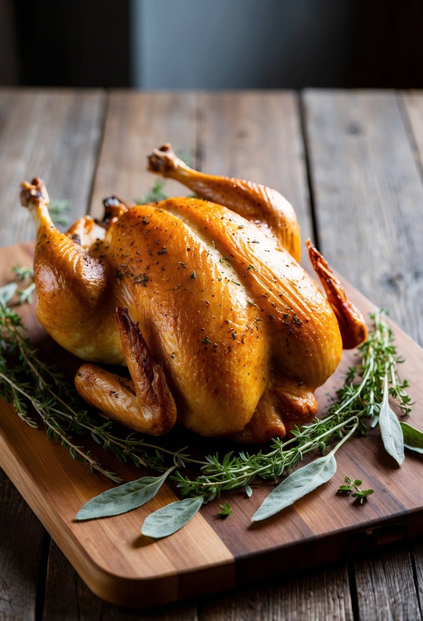 A whole roast chicken surrounded by fresh thyme and sage on a rustic wooden cutting board