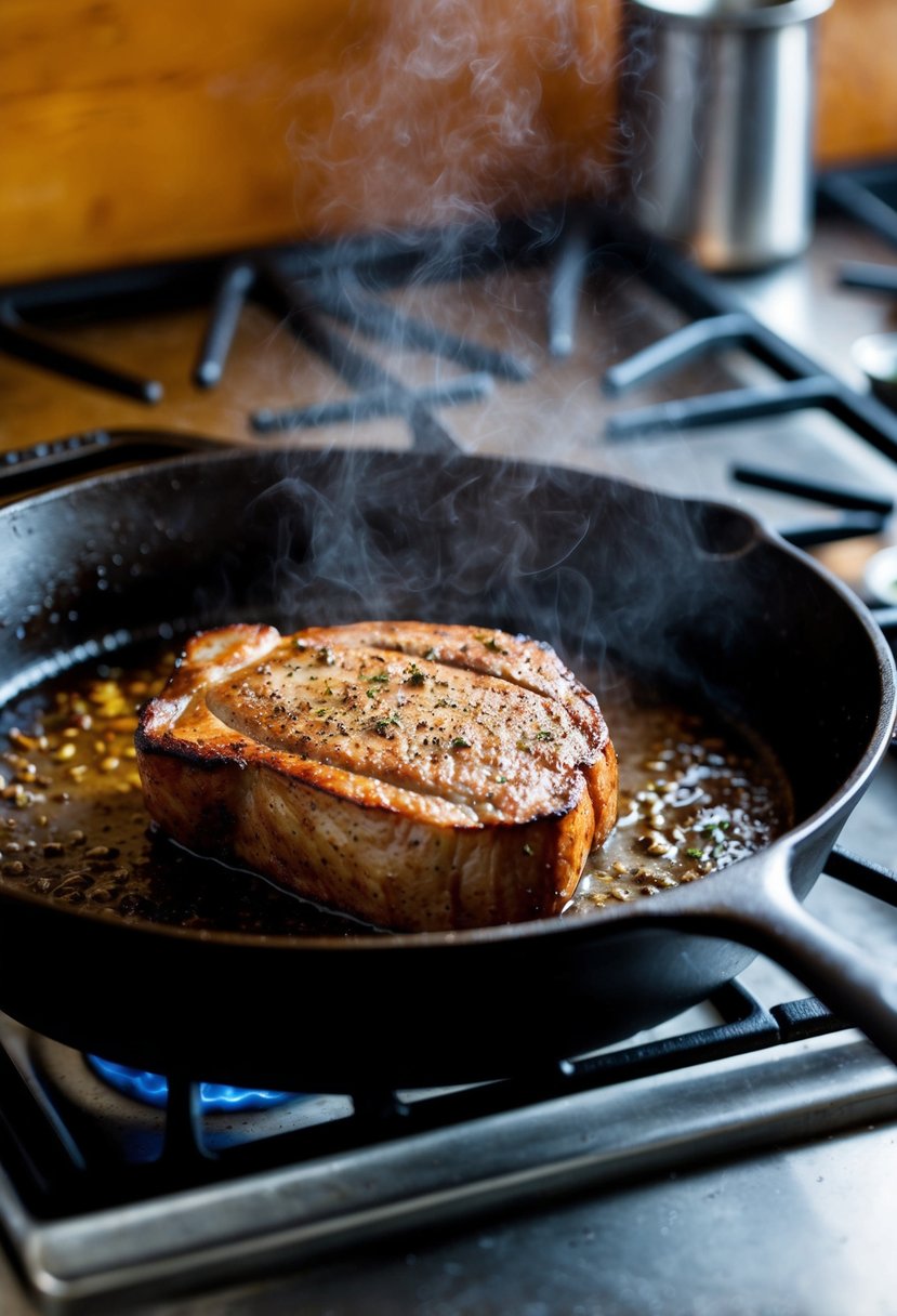 A sizzling london broil cooks in a cast iron skillet, searing and browning on each side. The aroma of the seasoned meat fills the kitchen