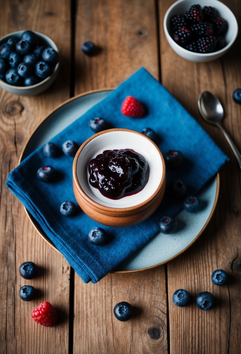 A rustic wooden table set with a traditional Uunijuusto, surrounded by fresh berries and a dollop of cloudberry jam