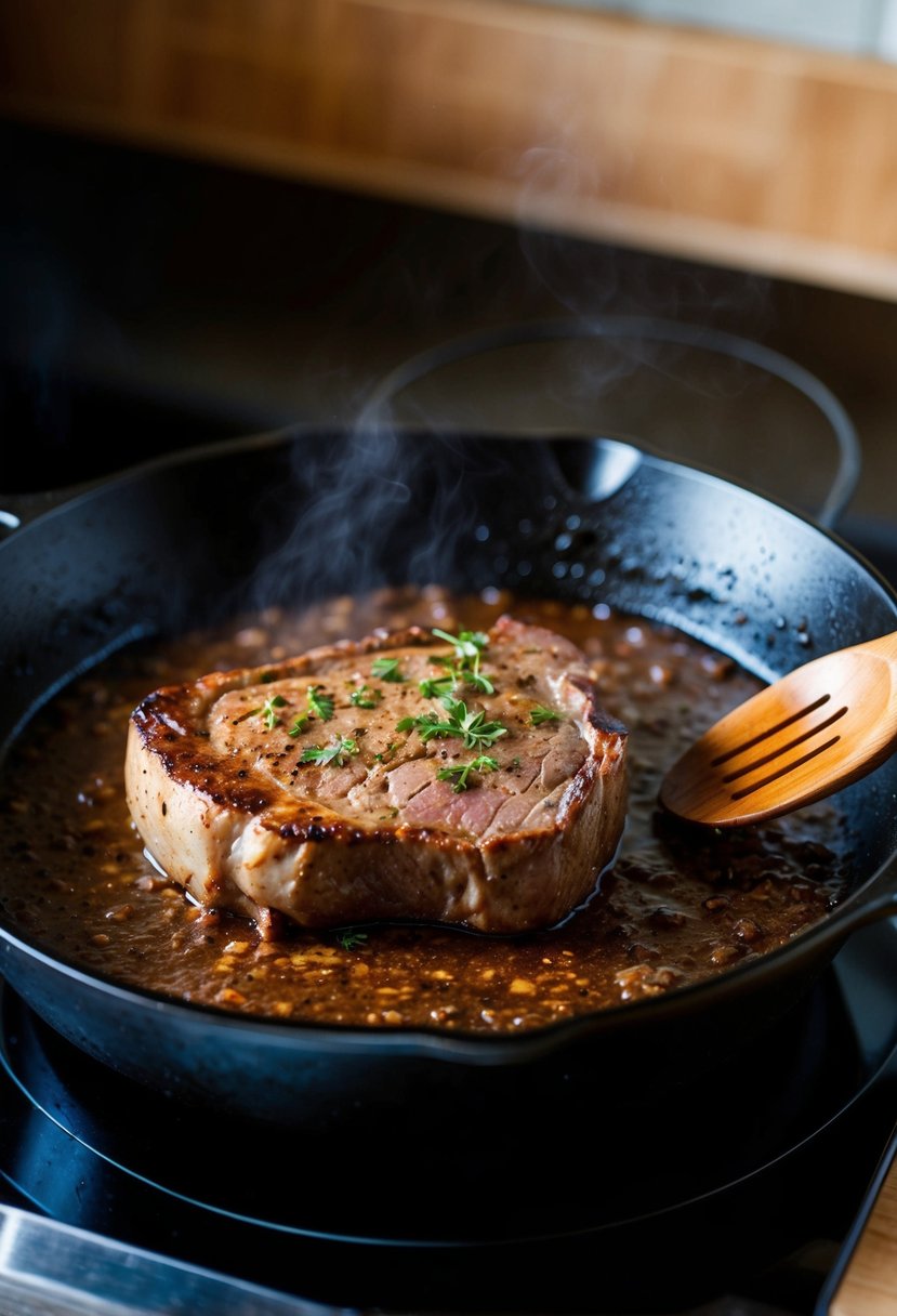 A cast iron skillet sizzling on a stovetop, filled with a marinated London broil steak. A wooden spoon rests on the edge of the skillet