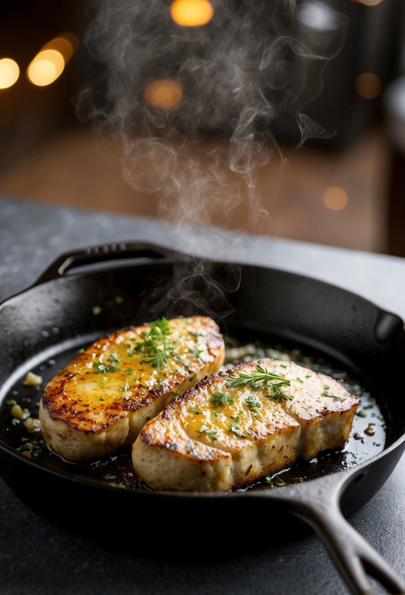 A sizzling garlic herb London broil searing on a hot cast iron skillet