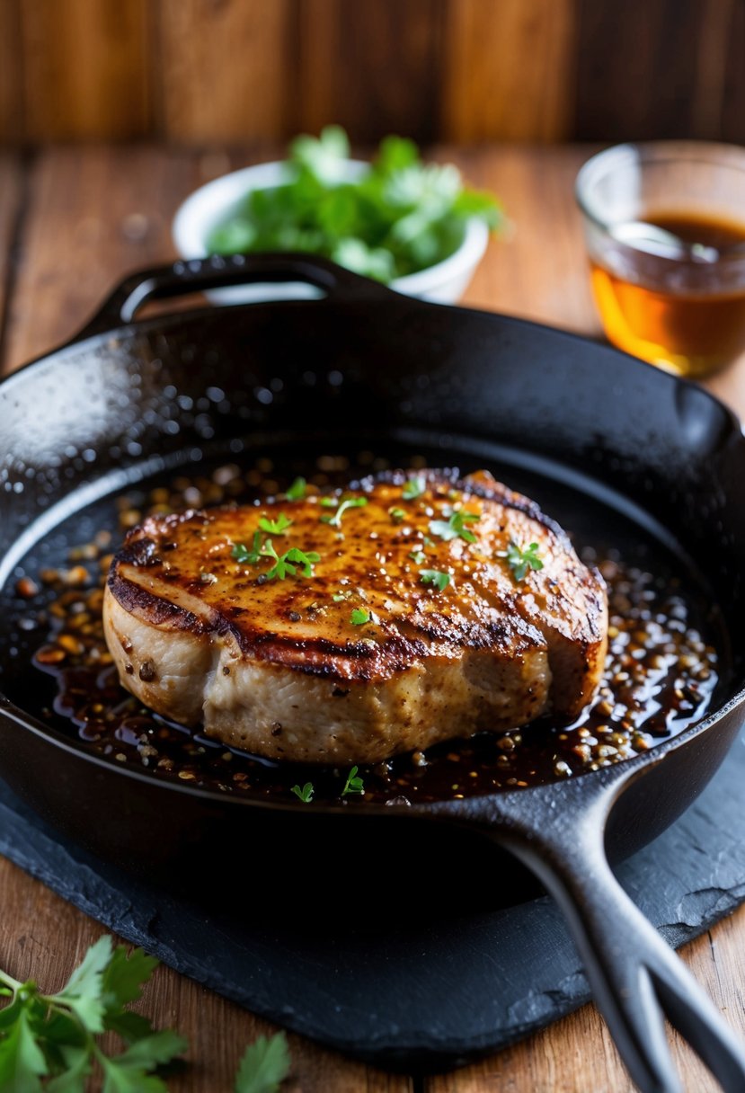 A sizzling London broil searing in a cast iron skillet, coated with a rich balsamic glaze